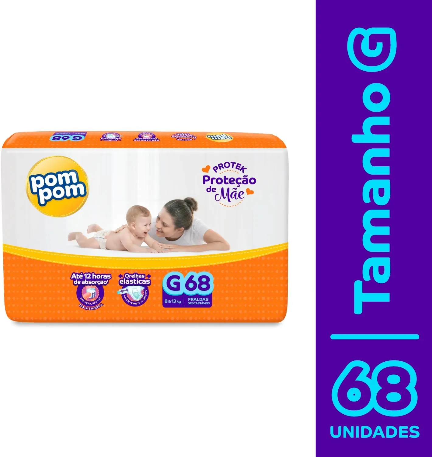 Fralda Pom Pom Protek Proteção de Mãe Hiper G 68 Unidades